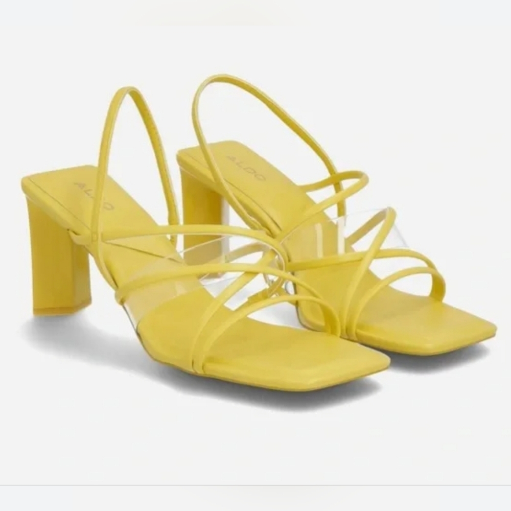 Aldo Yellow Strappy Square Toe Triangle Heels Womens Size US7 / EUR 37.5